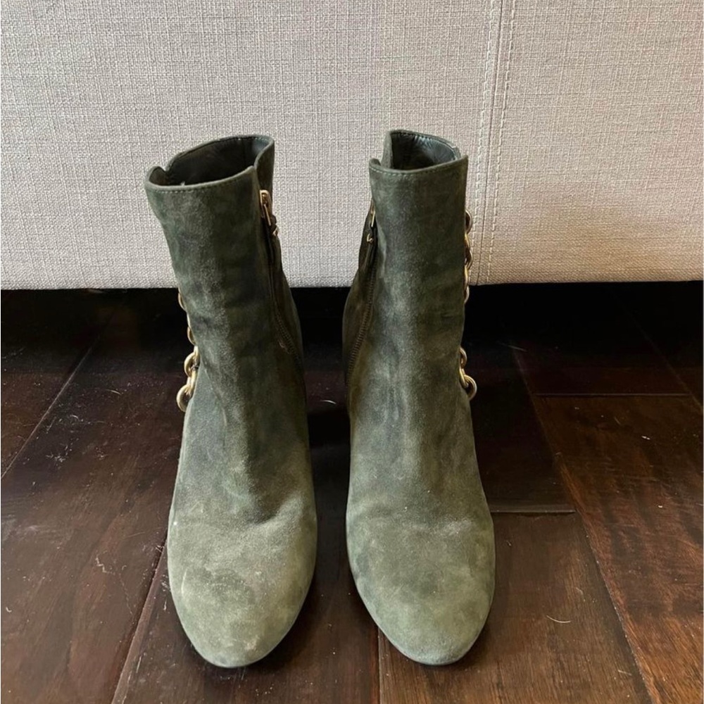 Green Suede Ankle Boots with gold detailing